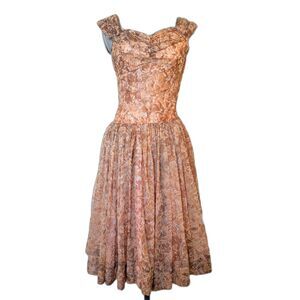 Vintage 50s Pin Up Fit & Flare Floral Organza Overlay Party Dress, Size 0/2